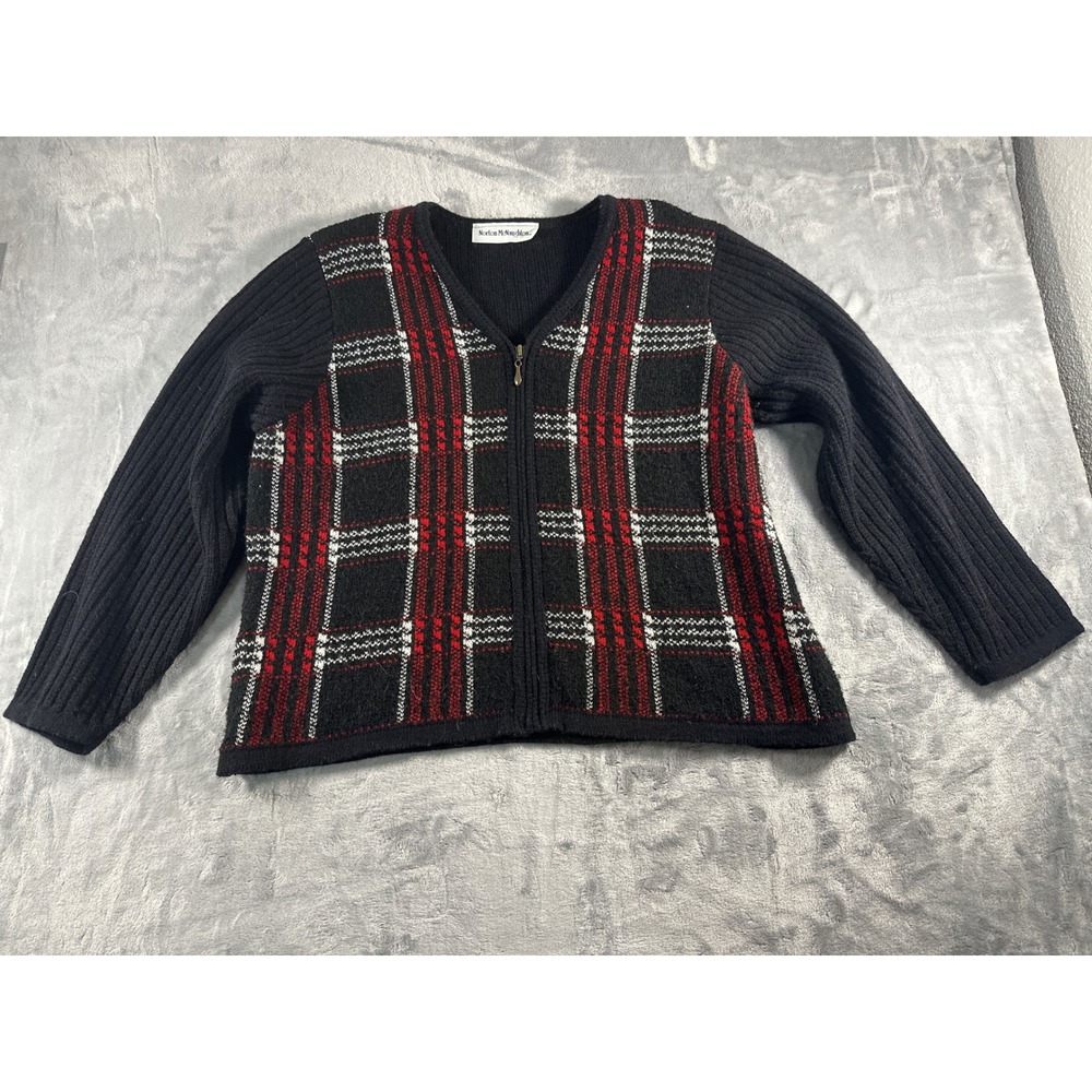 Norton McNaughton Womens Black Red Plaid Full Zip Sweater Cardigan Size Large